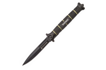 Image of United Cutlery USMC Stiletto Linerlock Folding Knife, 5.13in Closed, 4in Black 420 SS Spear Point Blade, Black/Green Checkered Aluminum Handle, Pocket Clip, Officially Licensed Product, UC3232