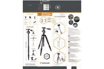 Image of Vanguard Veo3X Lightweight Compact Travel Kit with Carbon 4-in-1 Tripod, Ball Head, Monopod, Bluetooth Remote, SPC, Black/Gray, VEO3X235CBP