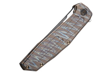 Image of We Knife Co Ltd Shadowfire Flame Folding Knife, 5in Closed, 4in Black Stonewash/Satin CPM-20CV Stainless Tanto Blade, Flame Anodized Titanium Handle, Nylon Case, WE22035-4