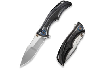 Image of We Knife Co Ltd Tighe Down Flipper &amp; Thumb Stud &amp; Button Lock Knife Polished Gray Orange Peel Textured Titanium Integral Handle With Rose Carbon Fiber Inlay