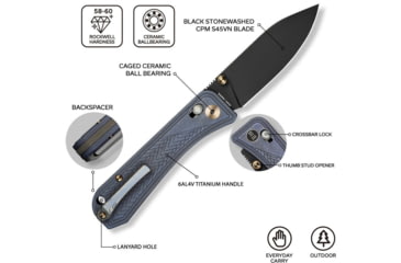 Image of We Knife Co Ltd Weknife Bougie Banter Thumb Stud &amp; Crossbar Lock Knife Upscale Art Deco Styling On Blue Titanium Handle 2.91inch Black Stonewashed Cpm S45vn Blade We24009-1 - WE24009-1