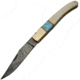 Damascus Bone Turquoise Folder, 4in Damascus Steel Clip Point Blade, Brass BolsterS, White Smooth Bone And Turquoise, DM-1156BO