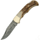 Damascus Lockback Stag Folding Knife, 2.75in Damascus Steel Clip Point Blade, Stag Bone, DM-1161