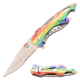 Mtech Drop Point Spring Assisted Knife w/Bottle Opener, 3.5 in, 3Cr13 Stainless Steel Stainless Steel, Serrated, Rainbow, MT-A705RB