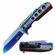 Mtech MT-A1107RB Spring Assisted Knife, 3.75in, 3CR13 Stainless Steel, Reversed Tanto, Blue/Steel Blade, Stainless Steel Handle, Rainbow, MT-A1107RB
