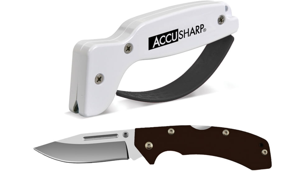 AccuSharp Lockback/Sharpener Combo, 4.5in Closed, 3.25in Satin SS Blade, Black G10 Handle, Thumb Stud, Pocket Clip, Includes White And Black Pull Through Knife And Tool Sharpener, 717C