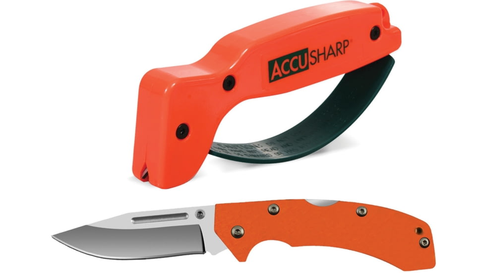 AccuSharp Lockback/Sharpener Combo, 4.5in Closed, 3.25in Satin SS Blade, Orange G10 Handle, Thumb Stud, Pocket Clip, Includes Orange Pull Through Knife And Tool Sharpener, 716C