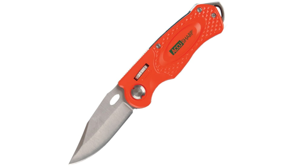 AccuSharp Wheel Lock Folding Knife, 4.25in Closed, 2.5in Satin SS Clip Point Blade, Orange Aluminum Handle, Glass Breaker, Pocket Clip, 709C