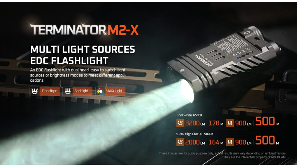 Acebeam EDC Terminator M2-X Flashlights, Li-Ion Battery, 3200 Lumens w/RGB, Grey, M2-X