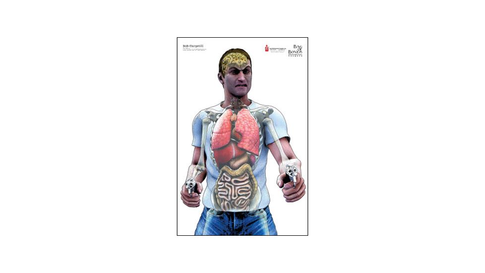 Action Target Bag of Bones, Man w/ Two Guns Anatomical Target, 100 Pack, White/Blue/Red/Yellow BOB-TARGET01-100