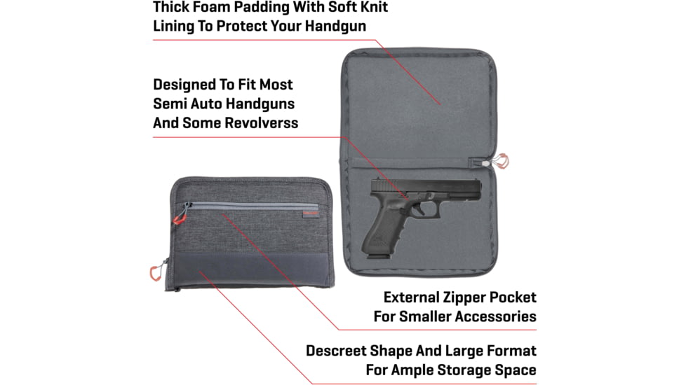 Allen Auto-Fit 2.0 Deluxe Handgun Case, Heather Gray/Red, 12 in x 8 in, 7757