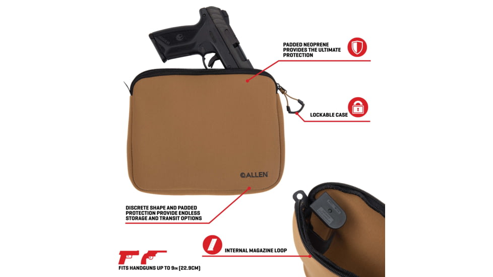 Allen Neoprene Pistol Pouch, Full-Size Handguns up to 9in, FDE, 3638