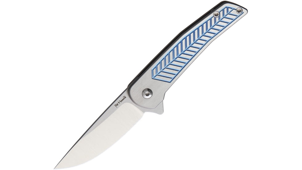 Alliance Designs Scout Framelock Folding Knife, 3.25in Closed, 2.25in Satin Rwl-34 Steel Blade, Blue/Silver Titanium Handle, Pocket Clip, Black Synthetic Zippered Storage Case, S1B