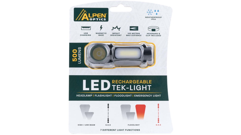Alpen Tek-Light HeadLamp 500/250/100/55/30 Lumen, Rechargeable, 1212962
