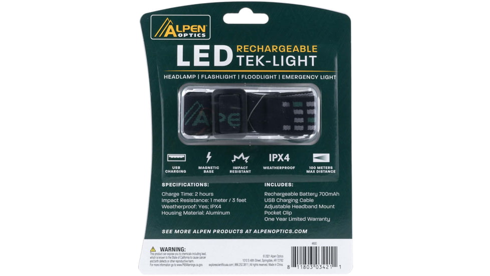 Alpen Tek-Light HeadLamp 500/250/100/55/30 Lumen, Rechargeable, 1212962