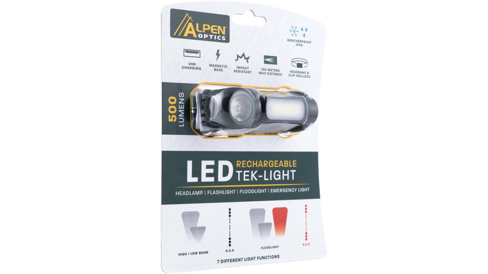 Alpen Tek-Light HeadLamp 500/250/100/55/30 Lumen, Rechargeable, 1212962