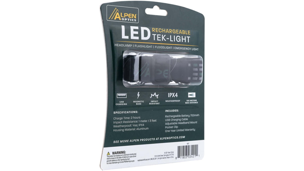 Alpen Tek-Light HeadLamp 500/250/100/55/30 Lumen, Rechargeable, 1212962