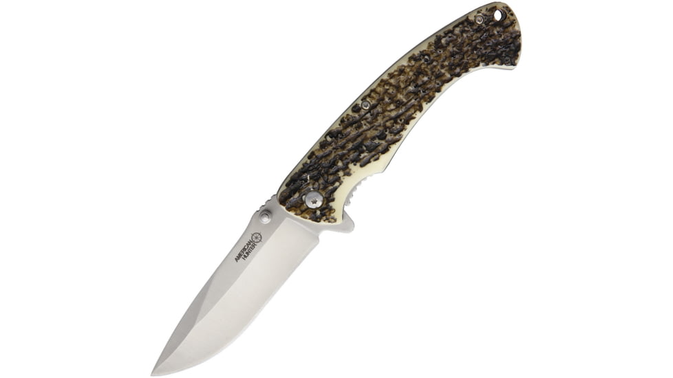 American Hunter Linerlock A/O Imitation Stag Folding Knife, 3.25 satin finish stainless blade, Imitation stag handle, SK17028