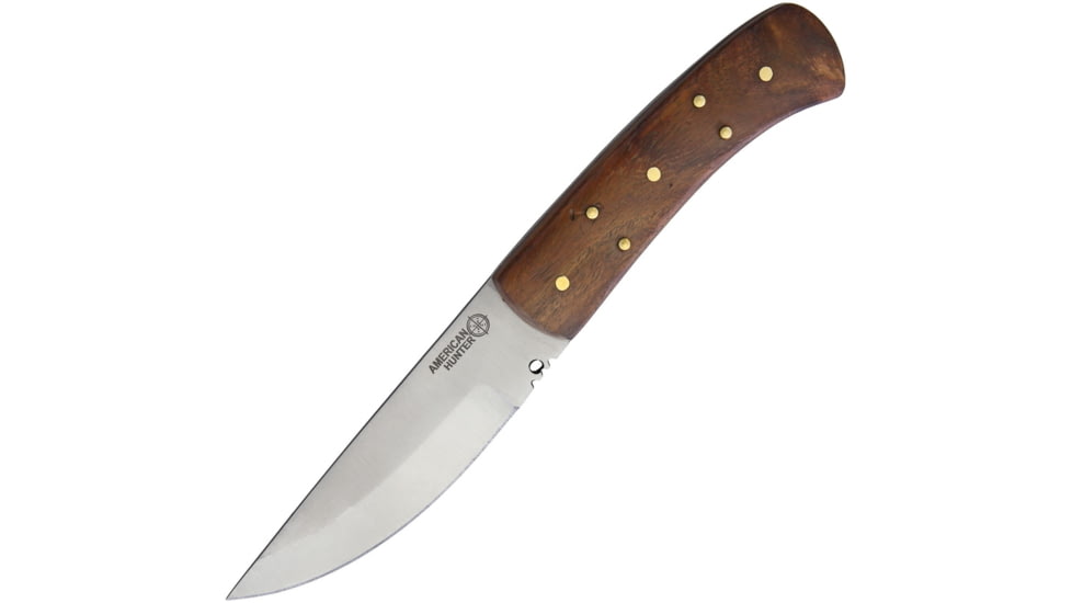 American Hunter Patch 9in Fixed Blade Knife, 9in Overall, 4.5in Satin SS Blade, Rosewood Handle, Brown Leather Belt Sheath, AH018 / SM1023