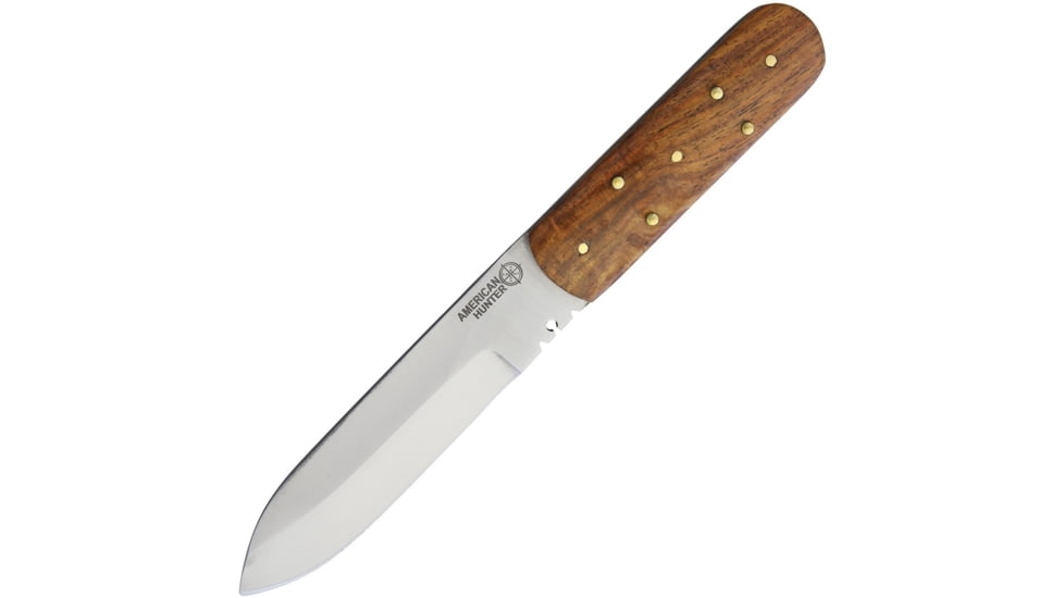 American Hunter Utility Fixed Blade Knife, 8.63in Overall, 4.75in Satin SS Blade, Rosewood Handle, Wire Stripping Notches, Brown Leather Belt Sheath, AH019 / SM1031