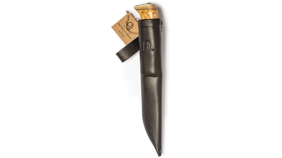 Arctic Legend Bear Curly Birch Natural Fixed Blade Knife, 10.75in Overall, 5.75in Natural Finish Carbon Steel Blade, Curly Birch Handle, Black Leather Belt Sheath, AL-873