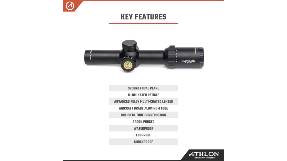 Athlon Optics Argos BTR Gen II 1-8X24mm ATSR5 Rifle Scope, 30mm, Second Focal Plane, IRMOA Reticle, Black, 214072