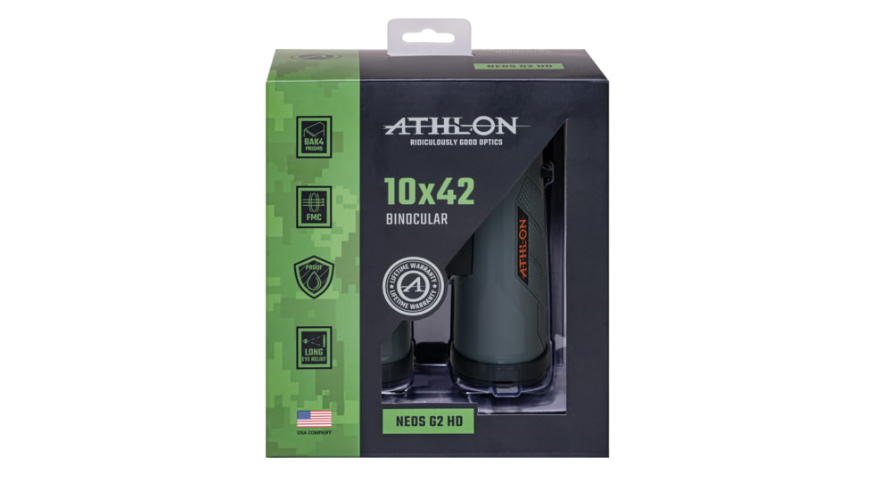 Athlon Optics Neos G2 HD 10x42 Roof Prism Binocular, Rubber Armored, Gray, 116009