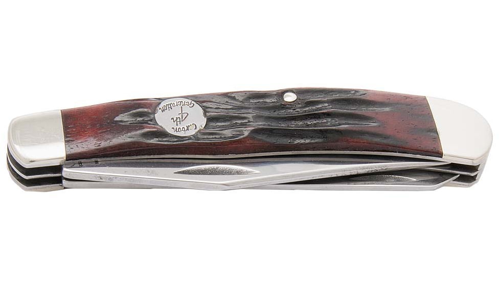Bear and Son Knives Large Trapper Folding Knife, 3.25in, 1095 Carbon Steel, Red Stag Bone Handle, CRSB54