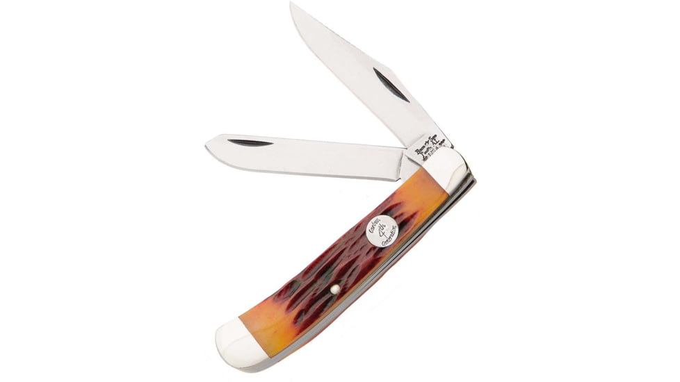 Bear and Son Knives Large Trapper Folding Knife, 3.25in, 1095 Carbon Steel, Red Stag Bone Handle, CRSB54
