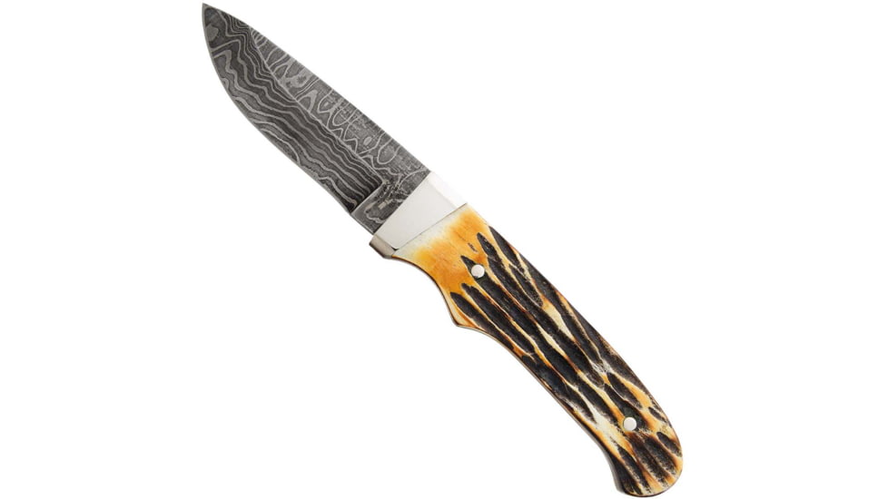 Bear and Son Knives Pro Skinner Fixed Blade Knife w/ Leather Sheath, 3.13in, High Definition Damascus Steel, Genuine India Stag Bone Handle, 549D