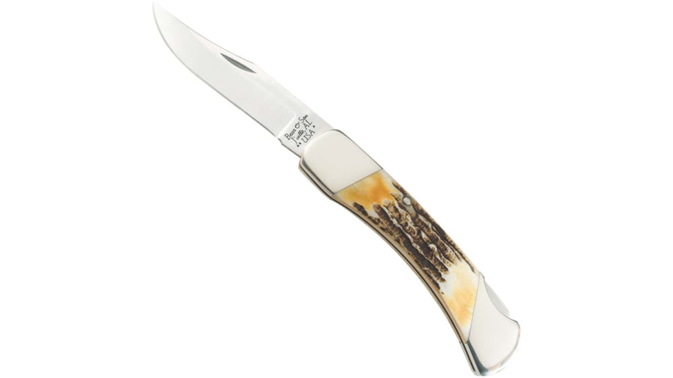 Bear and Son Knives Professional Lockback Folding Knife, 3.75in, High Carbon Stainless Steel, Clip Point, Genuine India Stag Bone Handle w/ Leather Sheath, 597