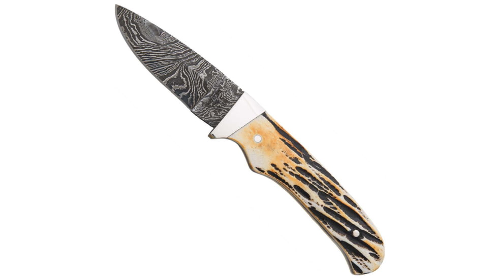 Bear and Son Knives Skinner Fixed Blade Knife w/ Leather Sheath, 2.38in, High Definition Damascus Steel, Genuine India Stag Bone Handle, 548D