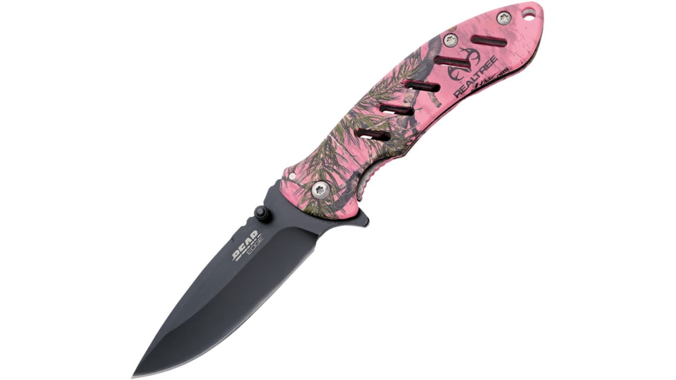 Bear Edge Brisk Framelock Pink Camo Folding Knife, 3.25in Black 440 SS Drop Point, Rubberized SS Handle, Thumb Stud, Pocket Clip, Pink Mossy Oak Break Up Coated Handle, 61506