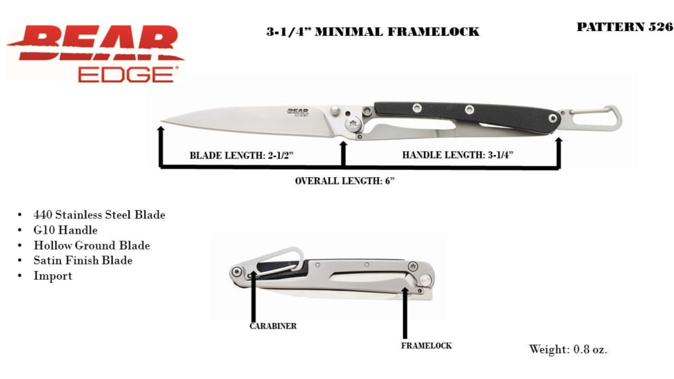 Bear Edge Minimal Framelock Folding Knife, 2.5in, 440 Stainless Steel, Stainless Steel Handle, 61526