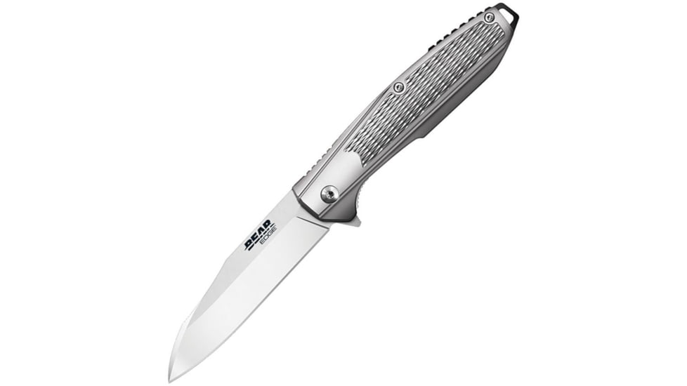 Bear &amp; Son Cutlery Frame Lock Reverse Tanto Folding Knife, 4.25in Closed, 3.25in, 440 Stainless Steel, Satin Blade, Textured Stainless Steel Handle, 61125