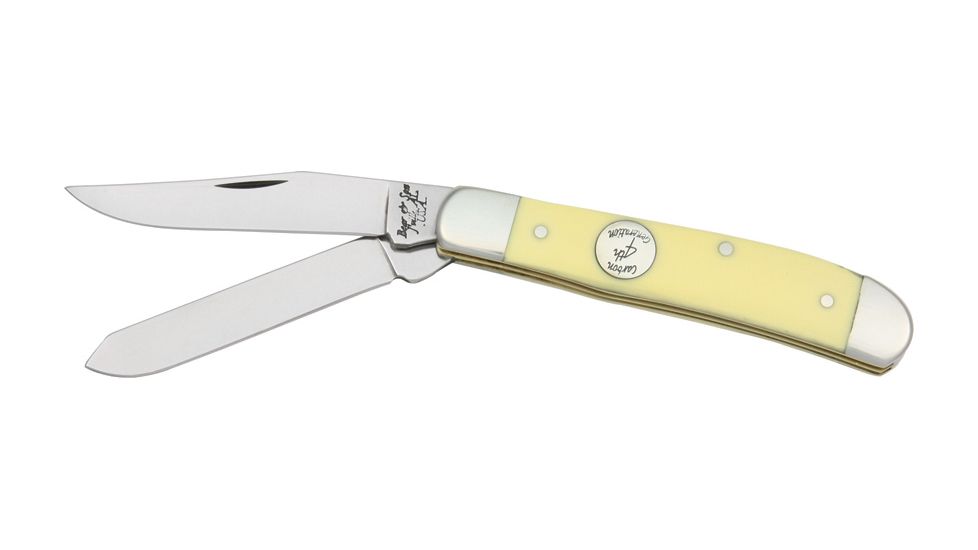 Bear &amp; Son Mini Trapper Fold Knife, HI Polish SS clip and spey Blades, Smooth yellow Delrin handl BCC307