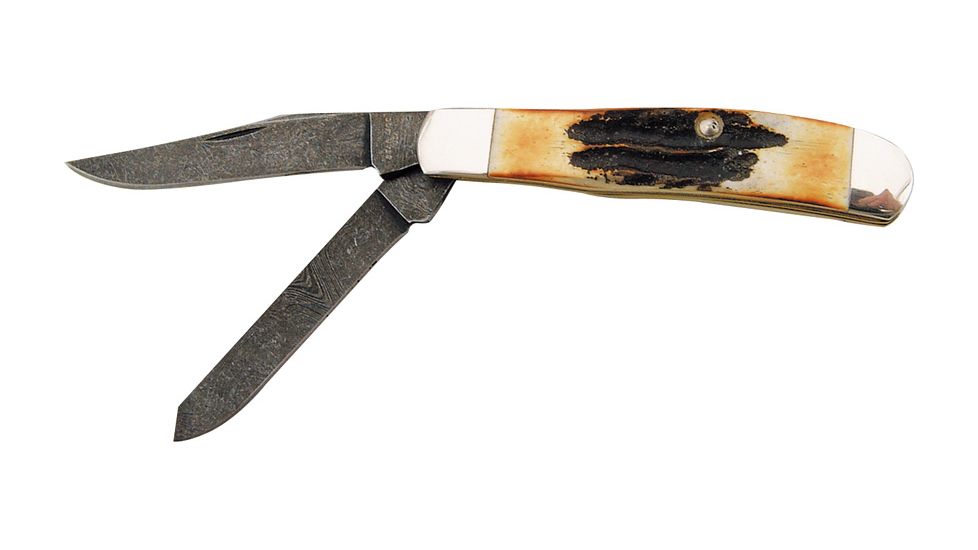 Bear &amp; Son Mini Trapper Fold Knife, SS clip and spey Blades, India Stag Bone Handle BC507D