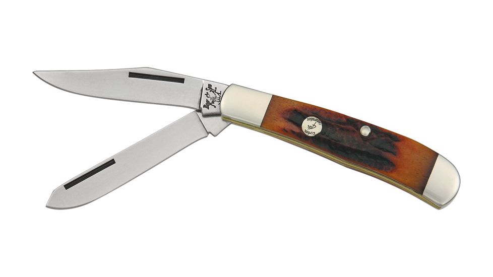 Bear &amp; Son Sm Trapper Fold Knife, High polished 1095 Carbon Steel clip and spey blad, Red Stag Bone handl BCCRSB5412