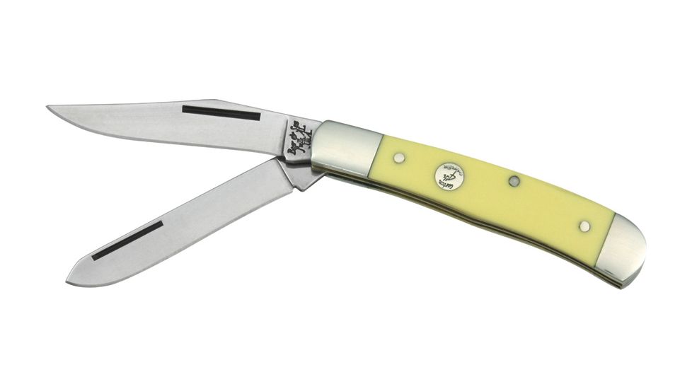 Bear &amp; Son Sm Trapper Fold Knife, High-polished 1095 Carbon Steel clip and spey blad, Smooth yellow Delrin handl BCC35412