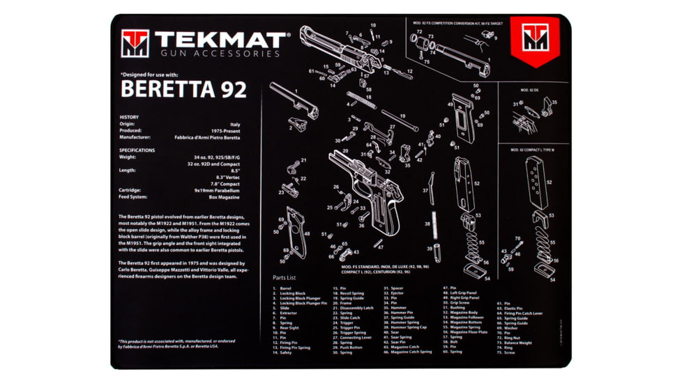 BECK TEK, LLC TEKMAT TEKR20BER92 Beretta 92 Ultra Premium Cleaning Mat Parts D