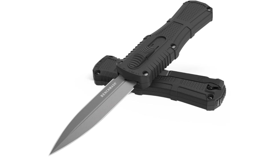 Benchmade Mini Claymore OTF Dagger Automatic Folding Knife, 3.02in, CPM-D2 Steel, Dagger Blade, Black Handle, 3375GY