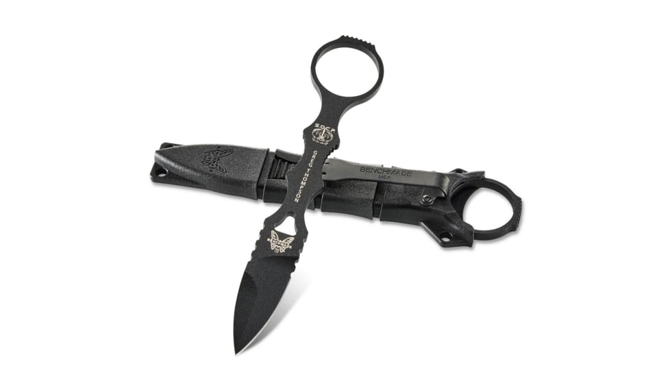 Benchmade Mini SOCP Fixed Blade Knife, 2.22in 440C Stainless Steel Spear Point Blade, Stainless Steel, Black Costed Handle, 177BK