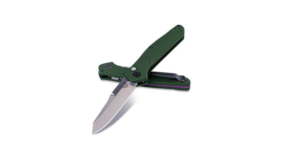 Benchmade Osborne Satin Automatic Folding Knife, 3.4 in, Reverse Tanto, Olive Handle, Green, 9400