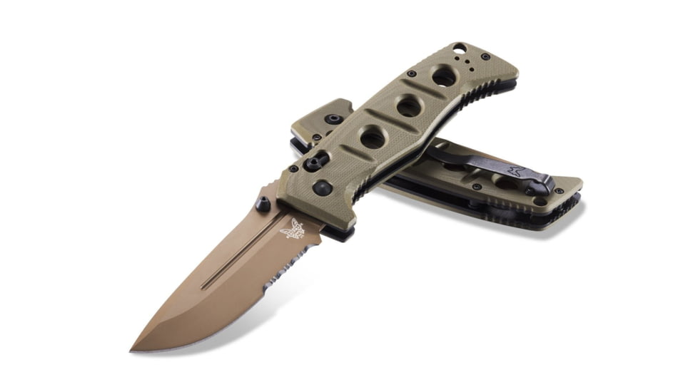 Benchmade Sibert Adamas Axis Stud Folding Knife, 3.82in CPM-CruWear Steel Drop Point Serrated Flat Earth Coated Blade, Contoured G-10 Handle, 275SFE-2