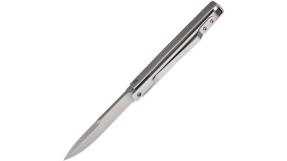 Benchmark Paratrooper Folding Knife, 3.5in Satin Double Edge SS Dagger Blade, SS Handle, Glass Breaker, Pocket Clip, Blade Enclosed By Handle When Not In Use, KB195-45