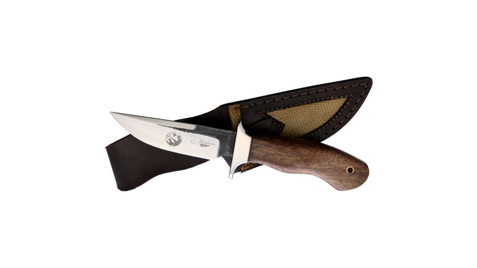 Benjamin Brute De Forge Hunting Knife, 9.5in Overall, 4.5in, Stainless Steel Blade, Brown Wood Handle, Leather Sheath, BK-A032