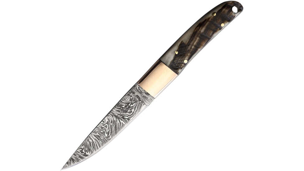 Benjamin Ram Horn Fixed Blade Knife, 8.88in Overall, 4.25in, Damascus Steel Blade, Ram's Horn Handle, Leather Sheath, BK-A034