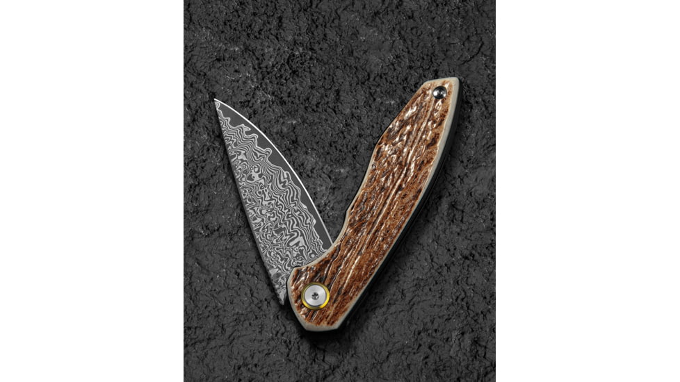 Bestech Knives Bambi Folding Knife, 4.13in Closed, 3.13in Acid Washed Finish Damascus Steel Blade, Stag Handle, Gold Accents, Brown Leather Belt Sheath, BL08G