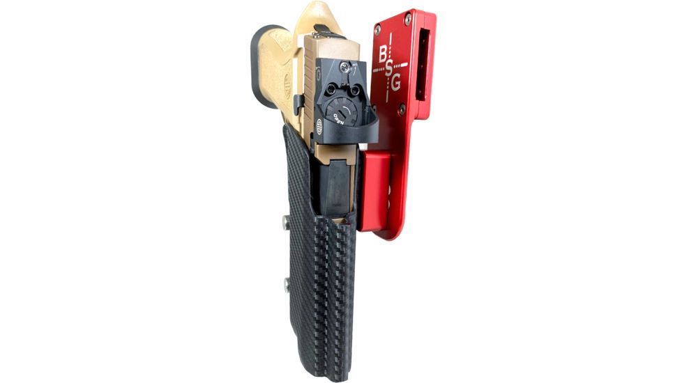 Black Scorpion Outdoor Gear Pro Heavy Duty Competition Holster, Right Hand, SIG Sauer P320, 3.9 - 5in Barrel, 1.5 - 1.75in Belts, Kydex/ 6066 Aluminum, Carbon Fiber/Red, HCD2-USPSABS-P320X5CFRH