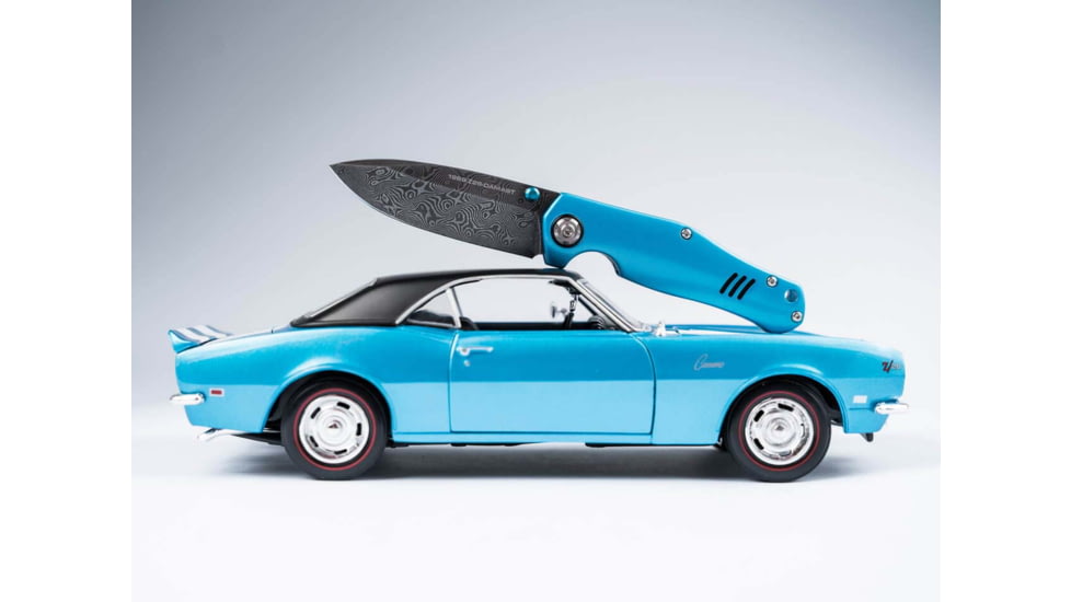 Boker 111101Dam 3.15 Drop Point Damascus Blade Blue Aluminum Handle